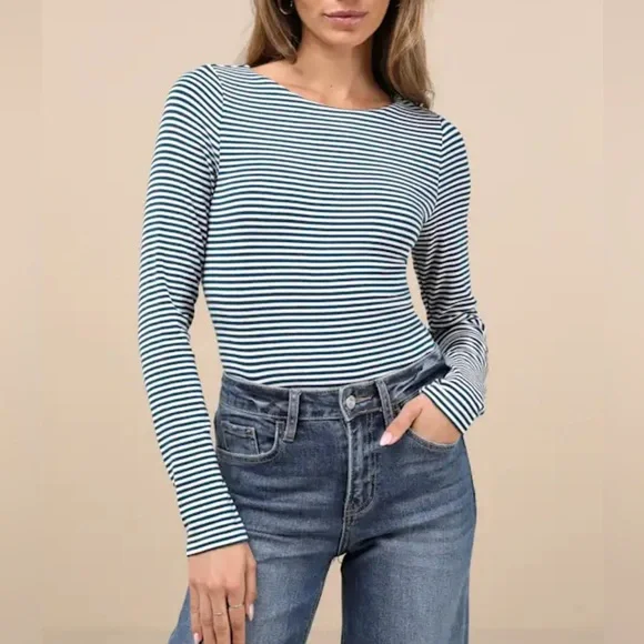 Lulus Charming Necessity White and Teal Striped Long Sleeve Bodysuit NWT Medium - Picture 1 of 5